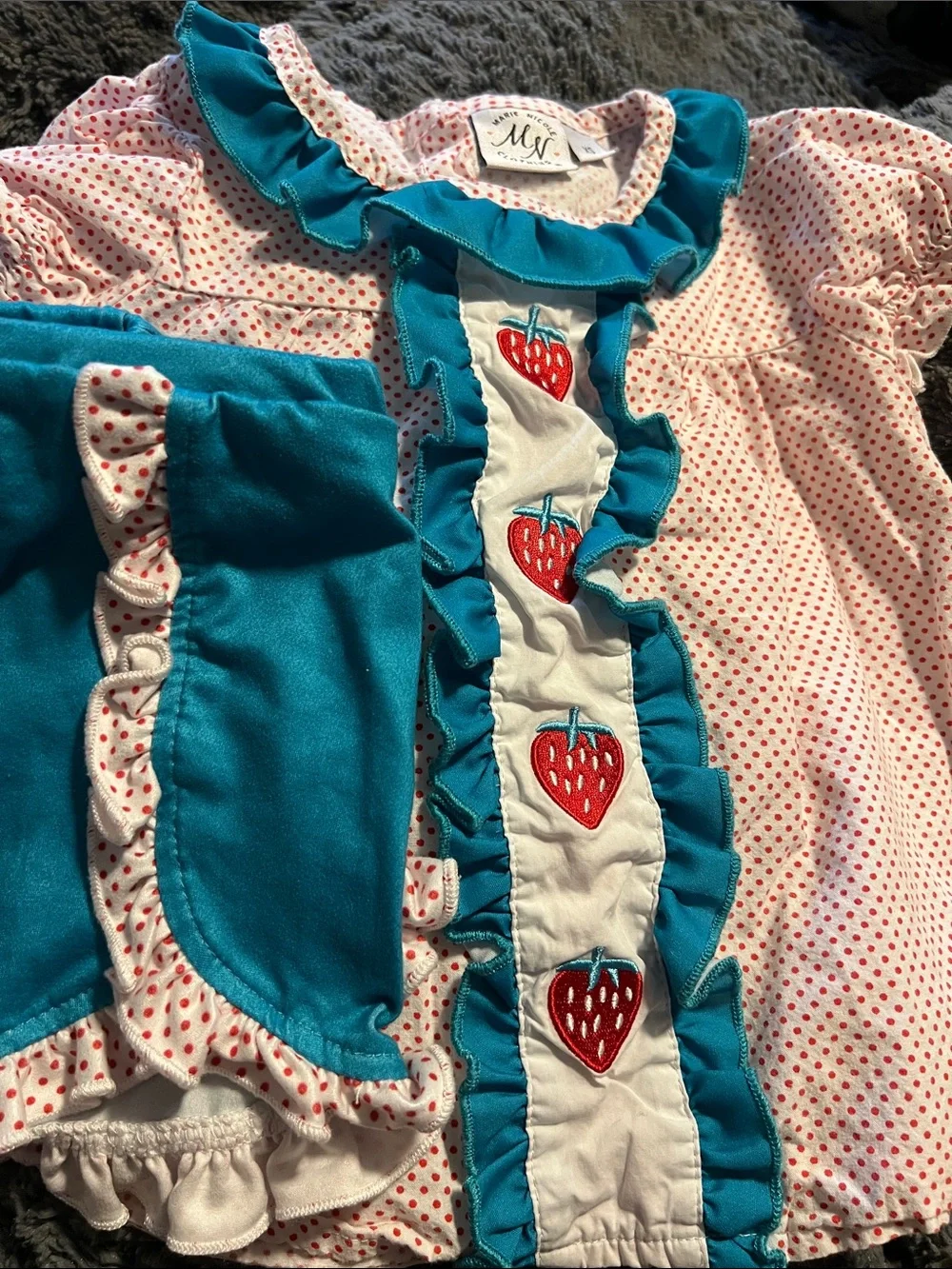 My Brand Teal & White Strawberry Ruffle Kids Matching Set